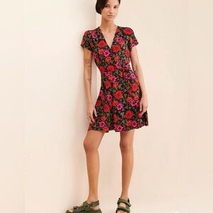 Rollas Cleo Rambling Floral Wrap Mini Dress Short Sleeve V-Neck Red Pink Green